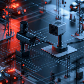 Illustrative grid of cameras and computer equipment with red glowing connections.