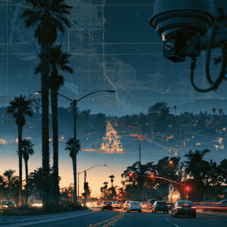 Illustrative roadside surveillance camera above a sunset city, with stylized map overlays.