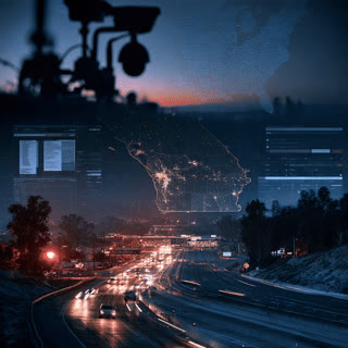 Illustrative dusk highway, surveillance cameras and a glowing map-style data overlay.