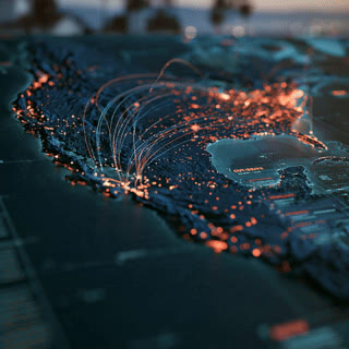 Illustrative aerial city landscape with stylized glowing connections.