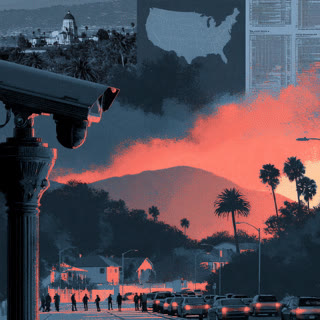 Illustrative cameras silhouetted against a sunset city landscape, with faint map-style graphics.