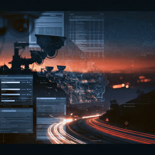 Illustrative surveillance cameras beside a sunset roadway, with faint map-style graphics.