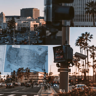 Illustrative collage of surveillance cameras, ending on a close-up of a camera.