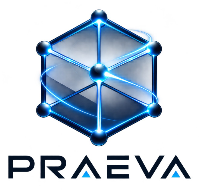 Praeva cube and PRAEVA wordmark
