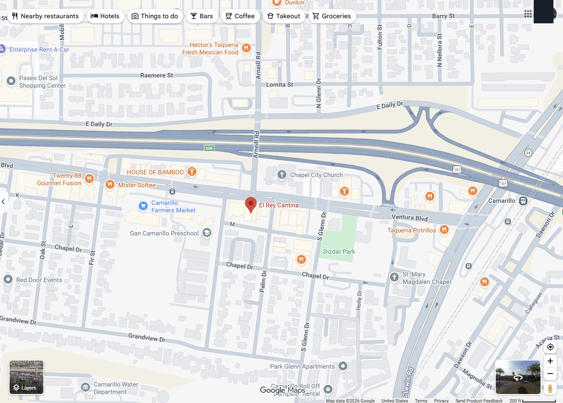 Google Maps overview of Arneill Rd crossing US-101 into Old Town and terminating at Ventura Blvd, with El Rey Cantina south of the junction and Dizdar Park to the east.