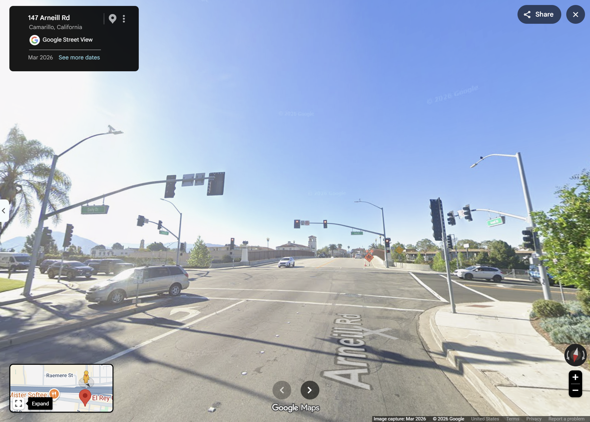 March 2026 Google Street View image labeled 147 Arneill Rd, showing traffic signals and the approach toward the US-101 crossing.