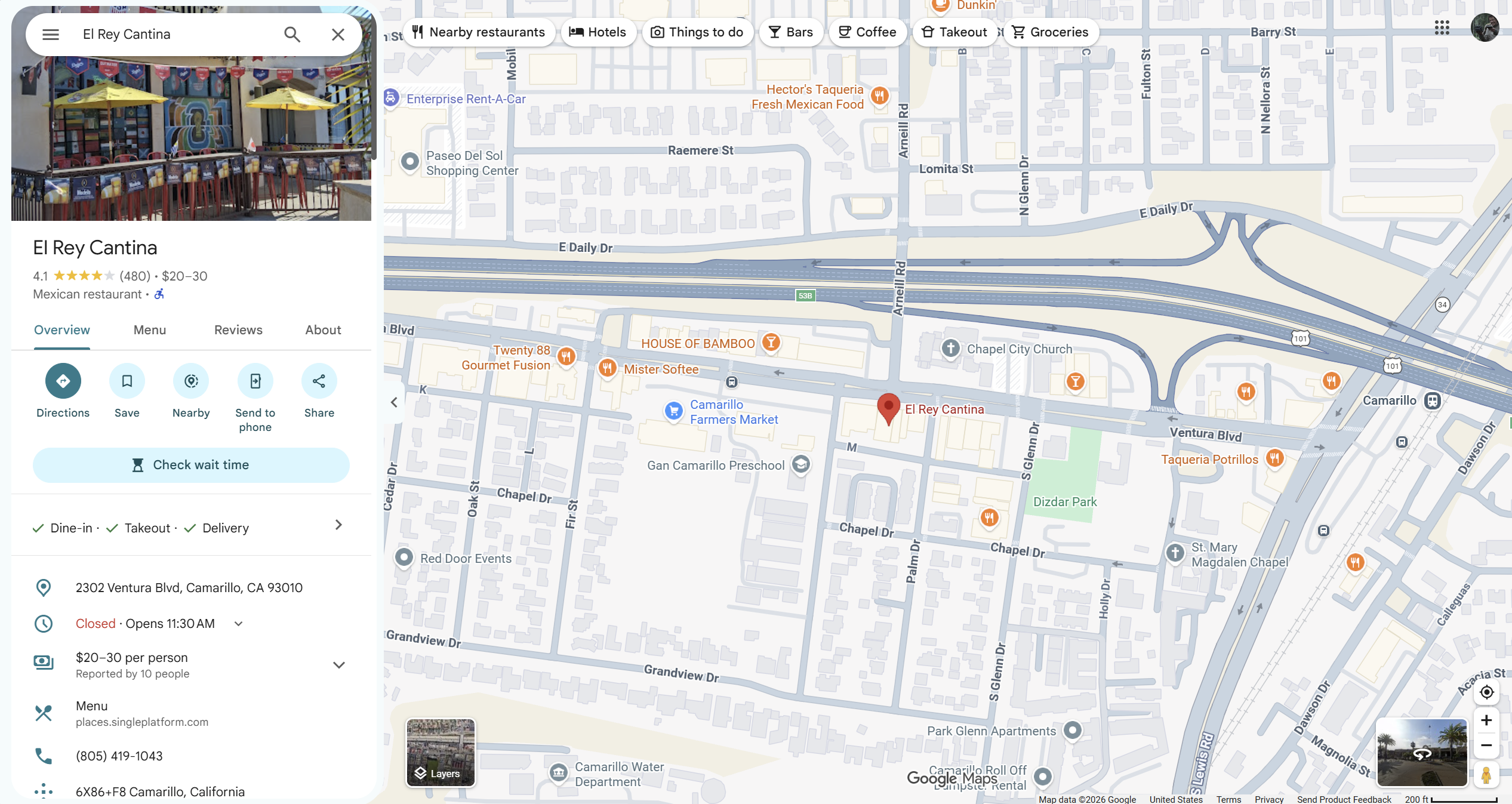 Google Maps showing US-101, Arneill Road, Ventura Boulevard and El Rey Cantina in Camarillo.