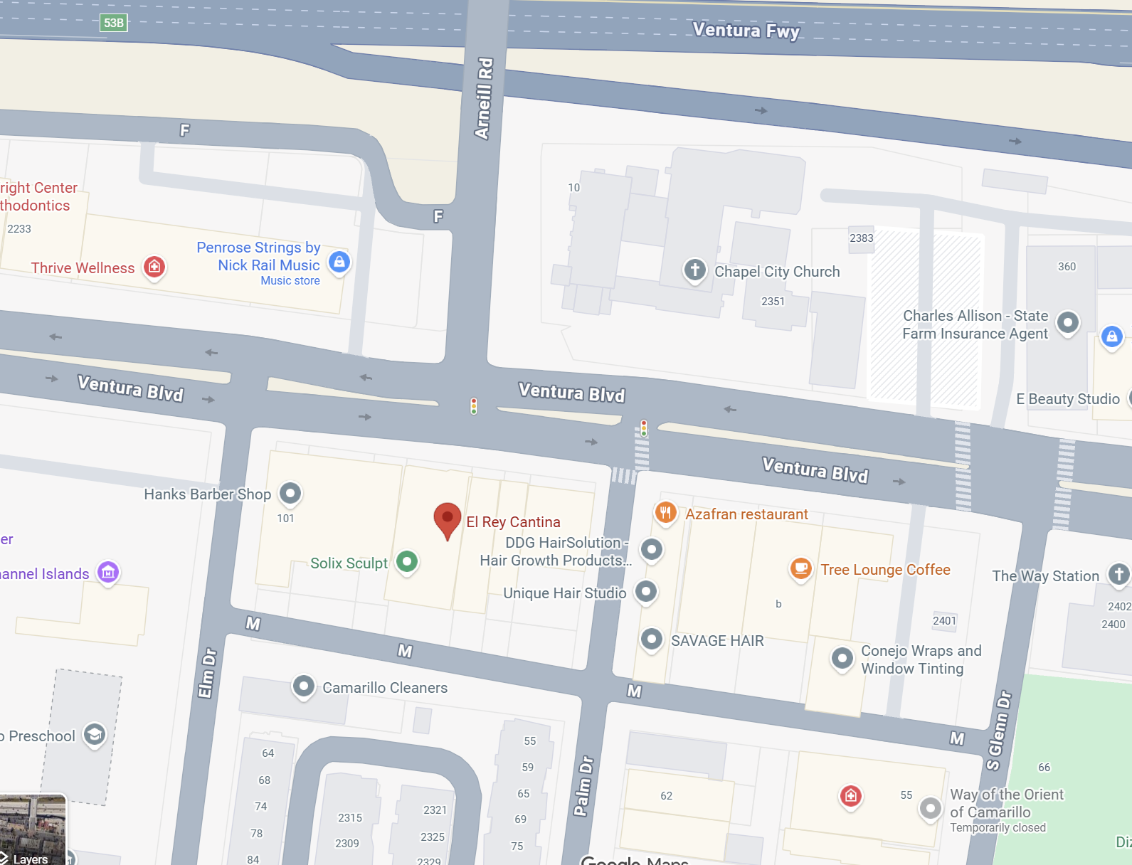 Google Maps showing Arneill Road crossing US-101 and terminating at Ventura Boulevard, with El Rey Cantina immediately across the junction.