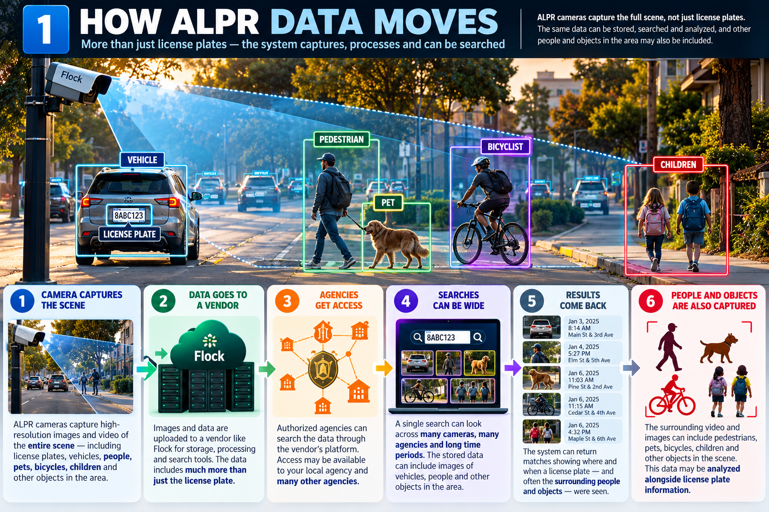 Illustrated pathway from a roadside camera to vendor storage, authorized agencies, searches and results, with people and objects shown in the surrounding scene.