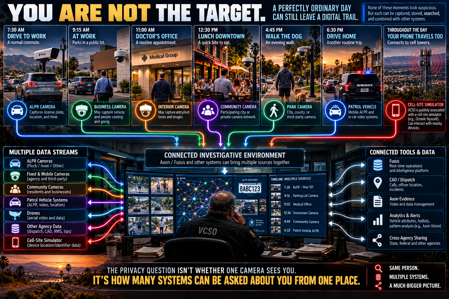 Illustration of an ordinary day, with camera icons linked to systems an investigator could use. The cell-site-simulator claim shown separately still needs the original records. This is not a verified map of VCSO’s connected systems.