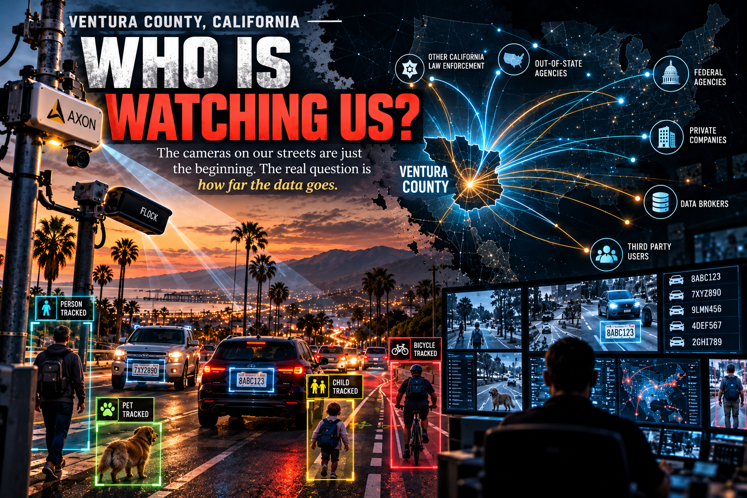 WHO IS WATCHING US? Introductory illustration of Ventura County street cameras and a conceptual map of data reaching other agencies and organizations.